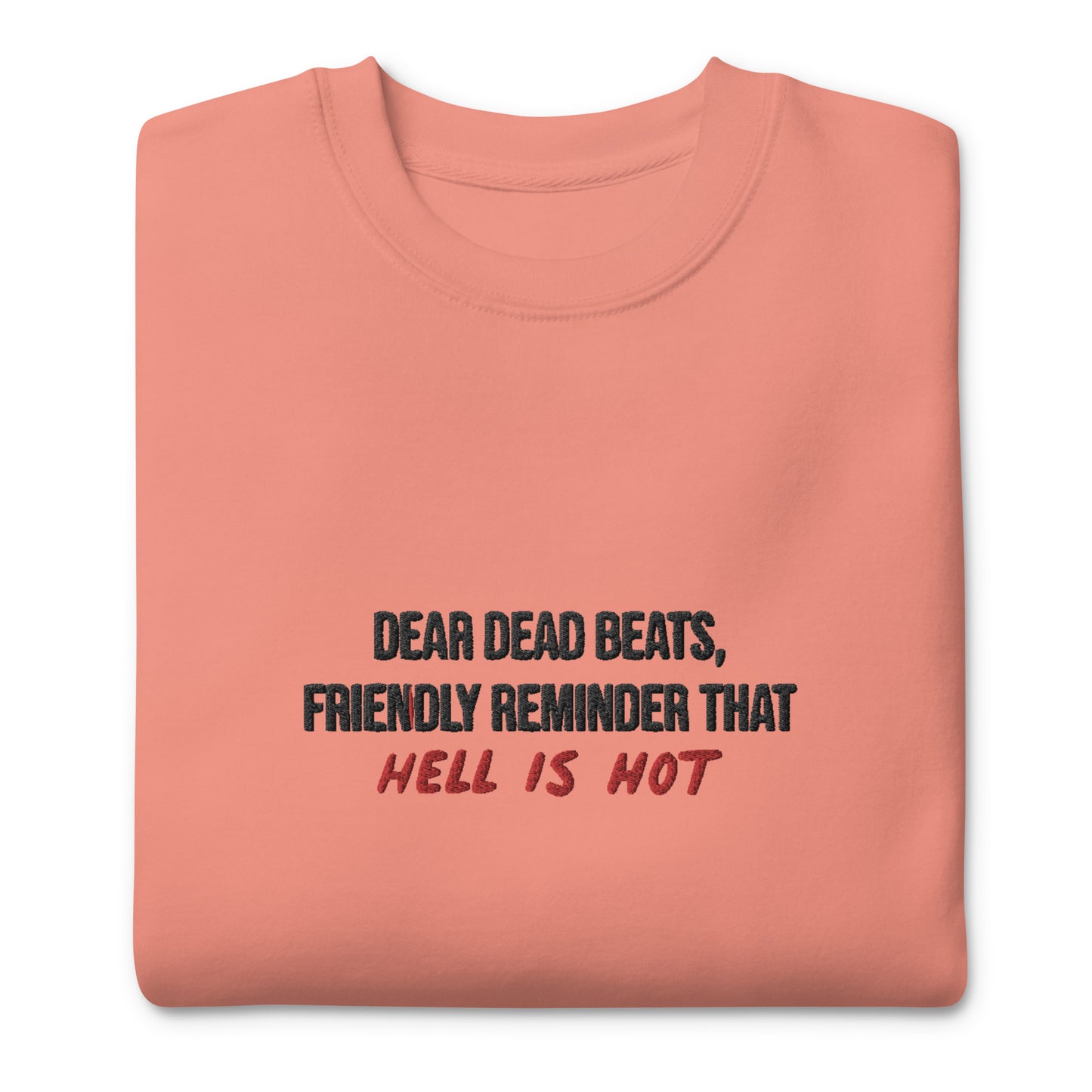 Dear Dead Beats Friendly Reminder That Hell Is Hot Embroidered Unisex Sweatshirt